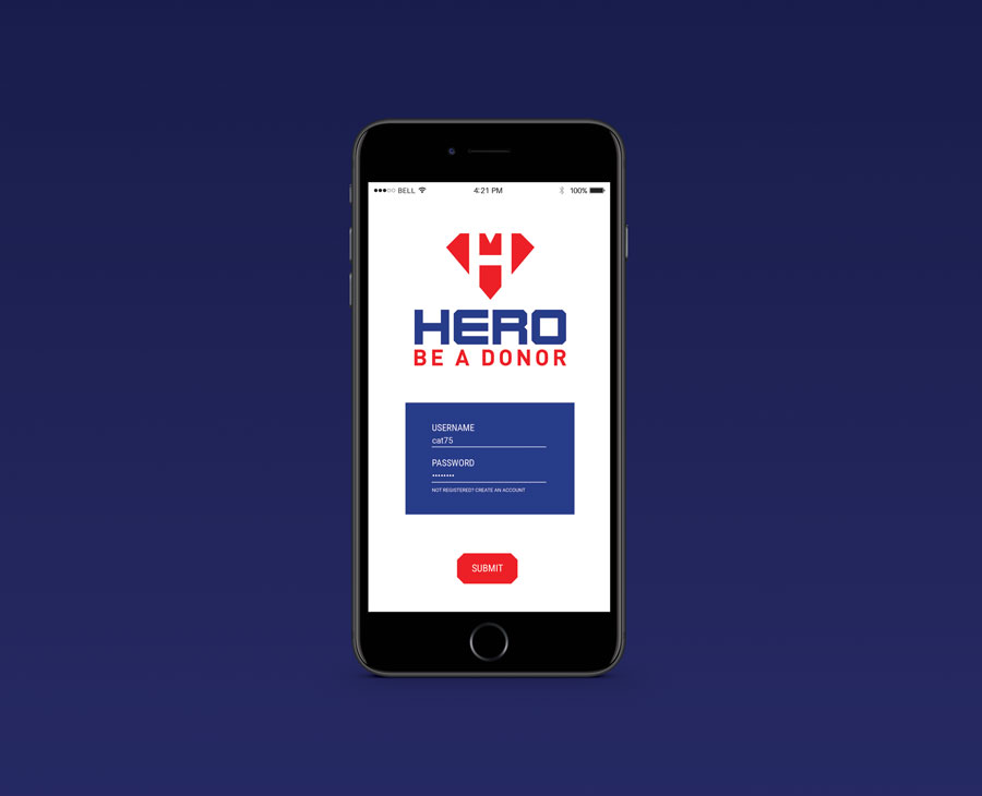 Hero App: login page on an iphone mockup