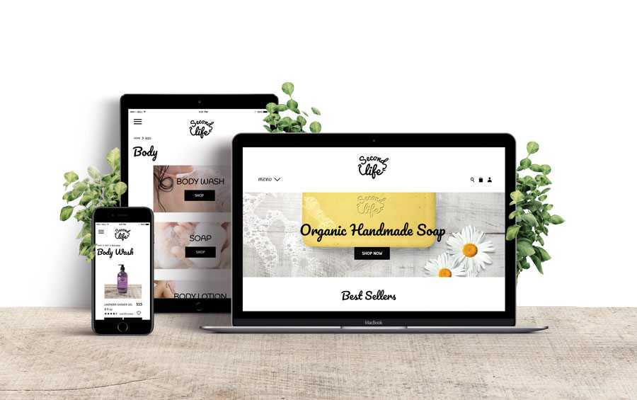 Second Life Mockup: website on an iphone, a tablet, and a laptop