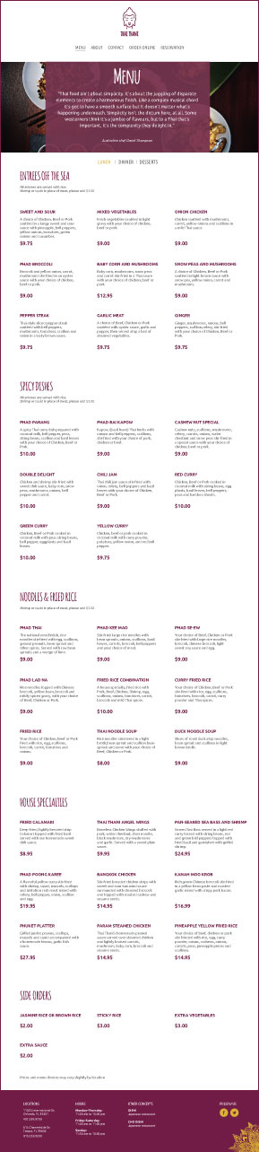 Thai Thani Restaurant comp: menu page