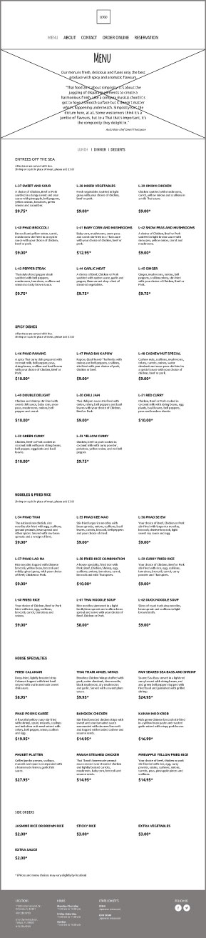 Thai Thani Restaurant wireframe: menu page